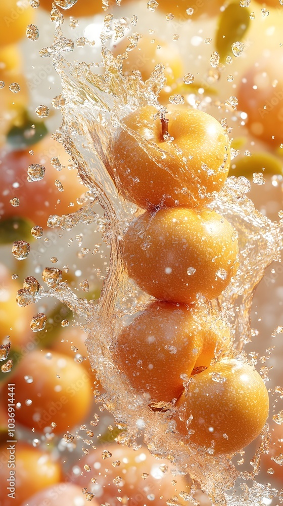 Poster three vibrant golden apples splashing through a stream of water, creating a refreshing and dynamic s