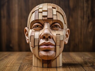 Wooden puzzles forming a human head.