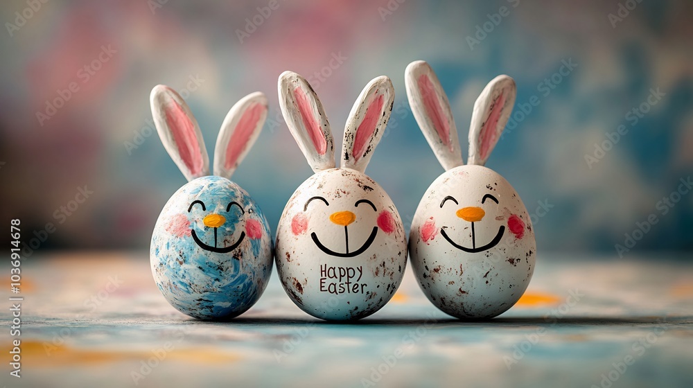 Poster smiling bunnyfaced easter eggs artistically painted placed a soft pastel surface with ample space le