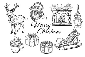 Merry Christmas set, vintage style vector sketch, line art. Santa, reindeer, sleigh, presents and other elements.