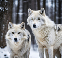 Two graceful arctic wolves in wolf pack in frosty snowy winter forest. Gray wolf couple. Banner...