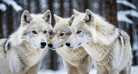 Fototapeta premium Two graceful arctic wolves in wolf pack in frosty snowy winter forest. Gray wolf couple. Banner with wild animals in their natural habitat. Wildlife scene.