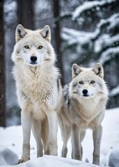 Obraz premium Two graceful arctic wolves in wolf pack in frosty snowy winter forest. Gray wolf couple. Banner with wild animals in their natural habitat. Wildlife scene.