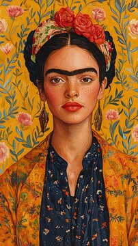 A young Latina woman with a bold unibrow and floral headband poses gracefully against a vibrant yellow background. Her expression is confident and captivating.