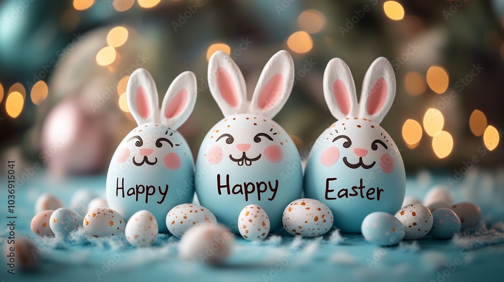 Aufkleber smiling bunnyfaced easter eggs artistically painted placed a soft pastel surface with ample space le