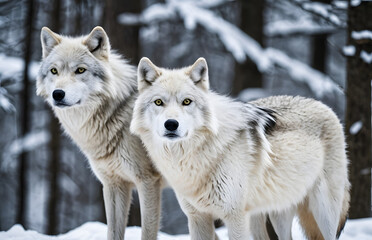 Obraz premium Two graceful arctic wolves in wolf pack in frosty snowy winter forest. Gray wolf couple. Banner with wild animals in their natural habitat. Wildlife scene.