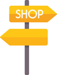 Blank yellow directional sign is pointing to the right with the word shop above it