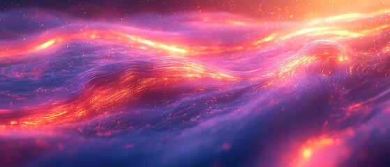 A mesmerizing abstract depiction of flowing waves, with vibrant hues of purple, orange, and gold, creating a dreamlike, otherworldly atmosphere.