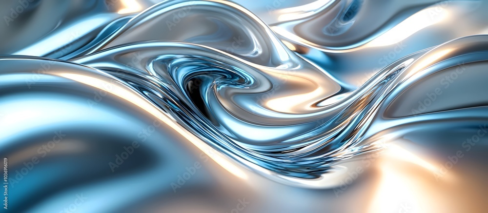 Poster abstract close-up of fluid metallic textures creating a mesmerizing swirl in shades of blue and silv