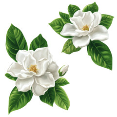 Fototapeta premium Beautiful gardenia flowers with lush green leaves isolated on a transparent background for decorative purposes, Gardenia flowers isolated on transparent background