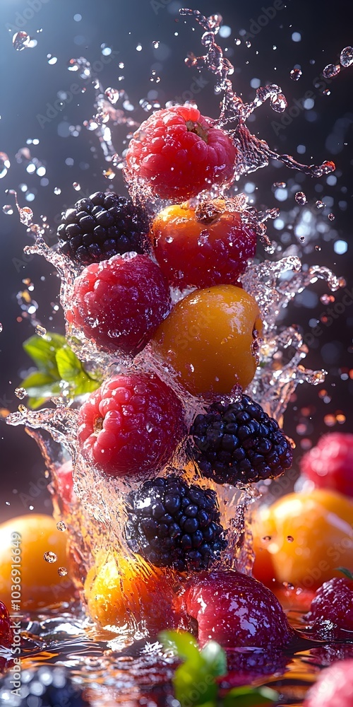 Poster a vibrant cascade of fresh berries, including raspberries and blackberries, exploding into droplets 
