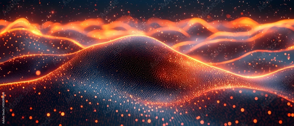 Poster abstract digital landscape featuring fluid waves and glowing particles in shades of orange and blue,