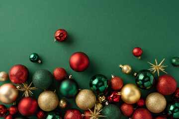 A collection of elegant Christmas decorations with red, green, and gold ornaments lying on a green background, creating a festive and joyful atmosphere