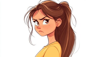 Angry Beautiful Cartoon Girl Looking Away on White Background