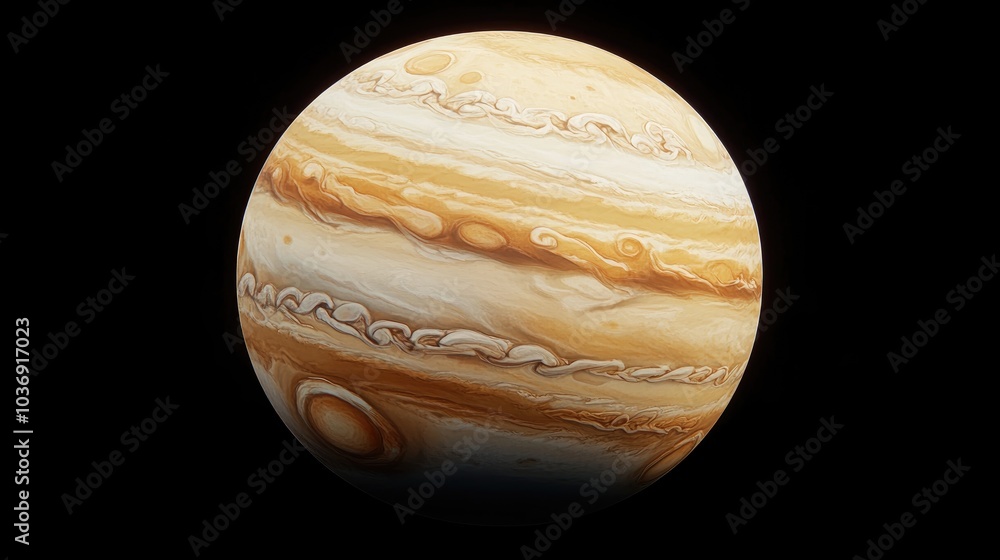 Poster cartoon rendering in 3d of a sphere representing the planet jupiter showcasing exploration and exped