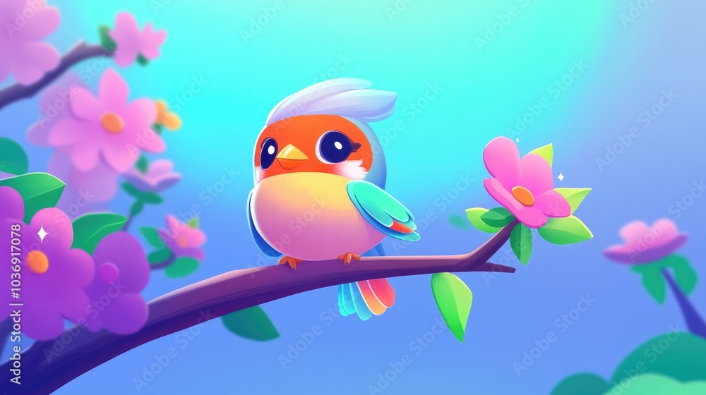 Poster charming sparrow resting on a flowering tree branch in a vibrant garden setting showcasing its brigh
