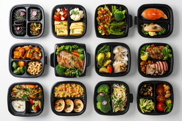 Assorted Meal Board Boxes Featuring Healthy Dishes and Nuts.