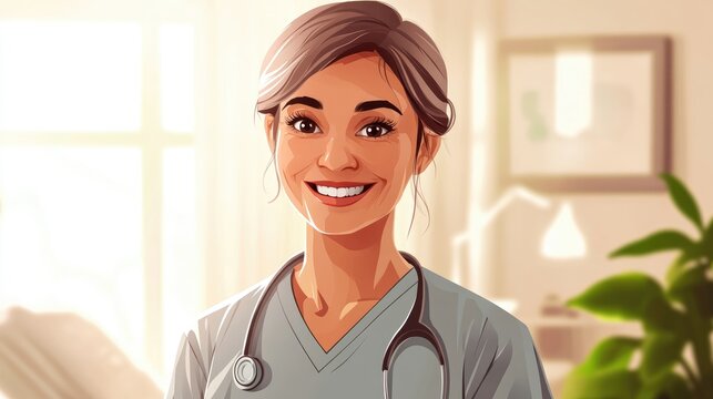 Soothing portrait of a hospice nurse showcasing a gentle smile that conveys comfort and compassion in a caregiving environment