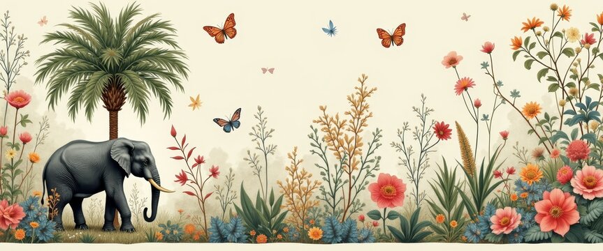 Vintage Botanical Palm Tree and Indian Elephant Seamless Border