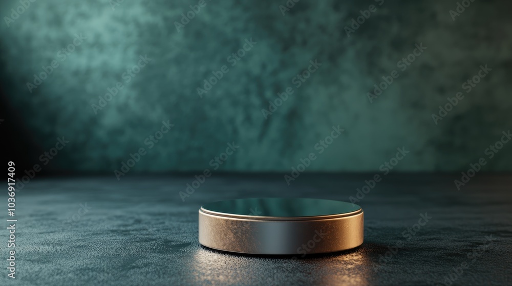 Poster abstract item displayed on a metallic square stand with a round base set against a dark background b