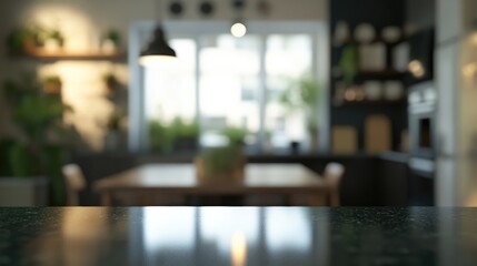 Blurred 3D rendering of a kitchen interior for background usage