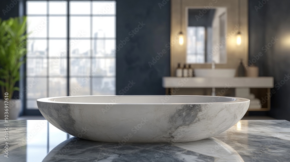 Poster 3d rendering of an empty marble top table with a blurred bathroom interior background ideal for prod
