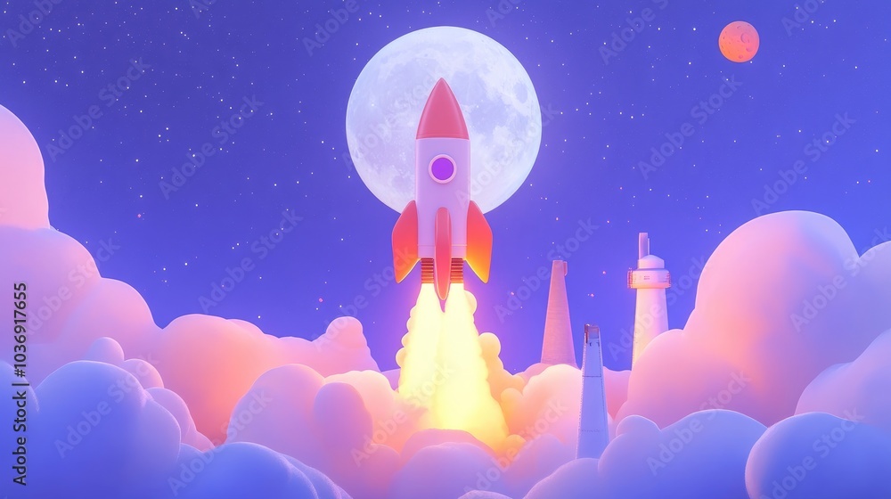 Poster rocket spaceship takes off with smoke and blast into a starry sky featuring a full moon in this 3d c