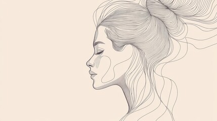 Fototapeta premium Abstract profile of a woman s face in line art featuring a continuous single line drawing of a female portrait with long hair styled in a bun embodying minimalist contemporary design