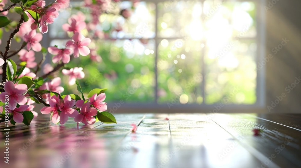Poster 3d rendering of a table background with free space and a blurred window reflecting a spring atmosphe