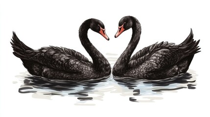 Fototapeta premium Pair of black swans floating on water showcasing their graceful feathers in a realistic hand drawn 2D cartoon illustration isolated on a white background