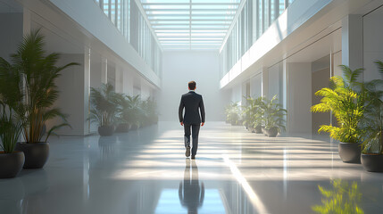 Silhouette of a man financier think about something while standing near office window background with copy space for your text message or advertising content, young male thoughtful rest after briefing
