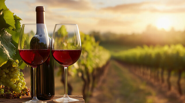 Red wine in glasses, in a vinyard setting