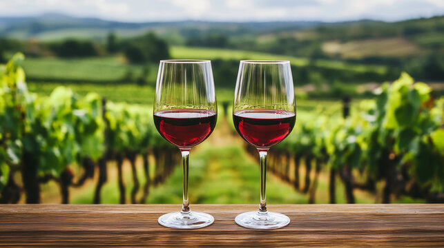 Red wine in glasses, in a vinyard setting