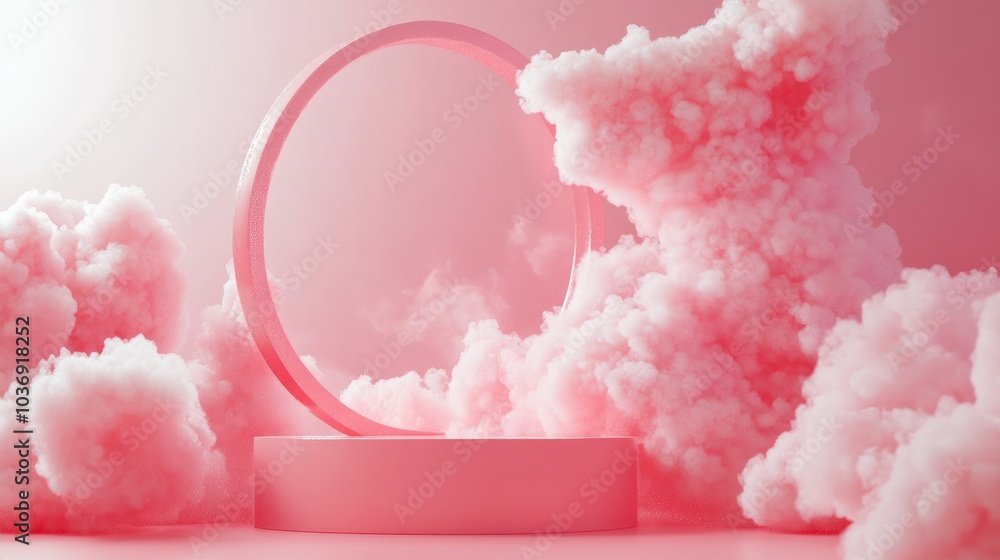 Poster pink abstract background featuring a cylindrical podium and frame in a 3d render