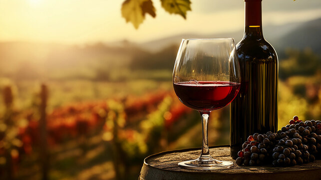 Red wine in glasses, in a vinyard setting