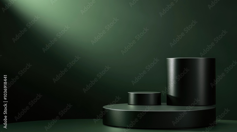 Poster dark warm green 3d illustration featuring a minimalistic product display background with a top view 