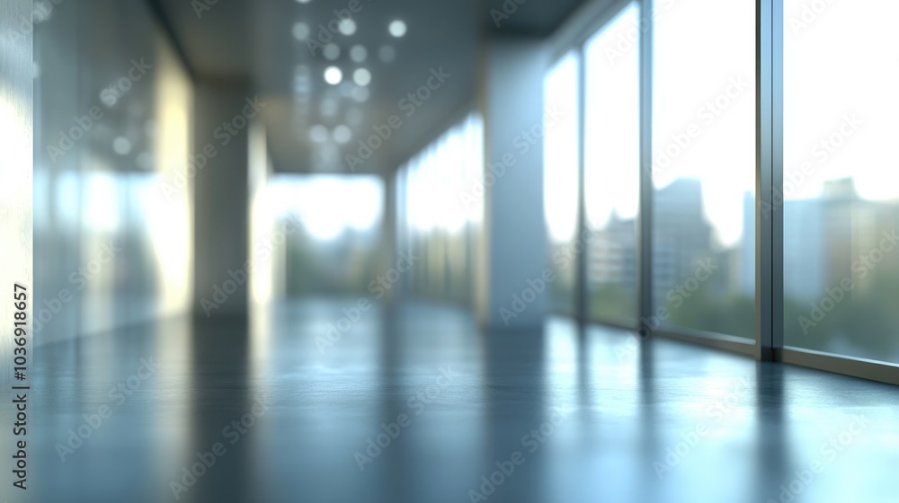 Poster 3d rendering of a blurred empty office space with abstract light bokeh in the interior background fo