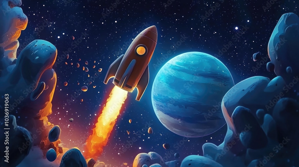 Poster rocket in space orbiting a planet 3d cartoon rendering for banner design