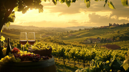 Red wine in glasses, in a vinyard setting