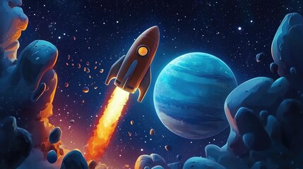 Fototapeta premium Rocket in space orbiting a planet 3D cartoon rendering for banner design