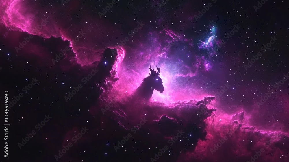 Poster rendered 3d cartoon depiction of a colorful red violet nebula in outer space featuring the horsehead