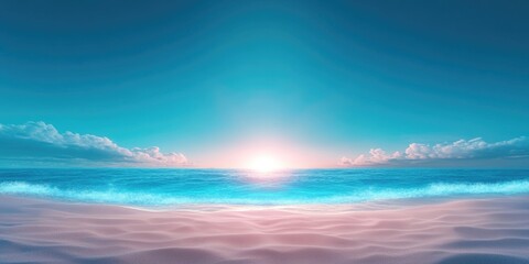 Obraz premium Morning at the beach featuring pristine sand, a serene blue ocean, and a clear sky, Serene beach morning with clear blue ocean and pristine sand