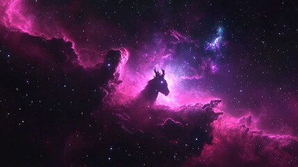 Obraz premium Rendered 3D cartoon depiction of a colorful red violet nebula in outer space featuring the Horsehead Nebula and an unusual nebula in a distant galaxy