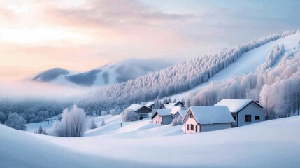 A serene winter landscape with snow-covered hills and cozy houses nestled in the valley under a pastel sky.