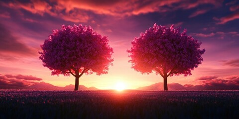 Blossoming trees under a sunset in a seasonal landscape Allergies related to flower pollen during the spring and summer months