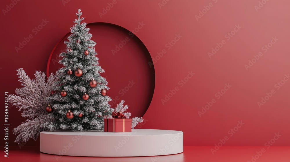 Aufkleber circular podium and christmas tree for a festive atmosphere on a red backdrop abstract studio settin
