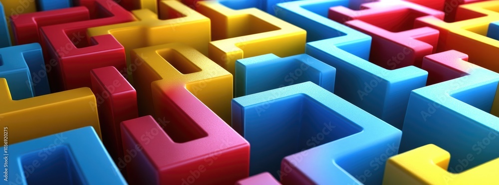 Poster a colorful maze made of interlocking 3d shapes in vibrant colors.