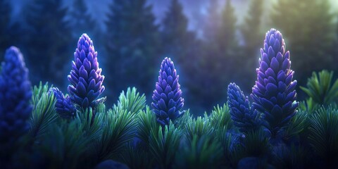 Obraz premium Three large lilac buds develop on the branches of spruce, accompanied by young cones in a botanical setting, Lilac buds and young cones on spruce branches in a botanical scene