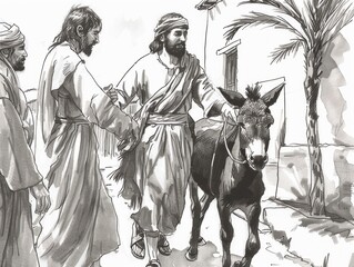 significant moment unfolds Jesus rides a donkey into Jerusalem surrounded by followers and onlookers marking the beginning of the final week of His earthly ministry.