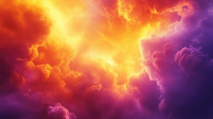 Dramatic sky with vibrant colors Blurred backdrop of fiery clouds at sunset featuring patterns in yellow orange and purple hues